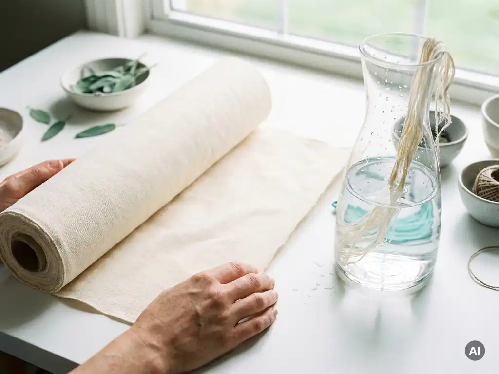 Unbleached cotton fabric next to a glass container filled with water; droplets cling to the raw textile fibers; top view on a white background.