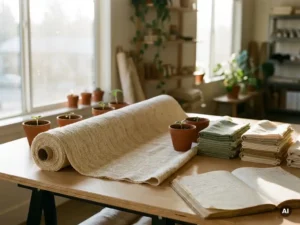 Rolle aus Bio-Baumwollstoff auf hellem Arbeitsplatz mit grünen Setzlingen, Stoffmustern in Salbei und Elfenbein sowie einem Notizbuch.