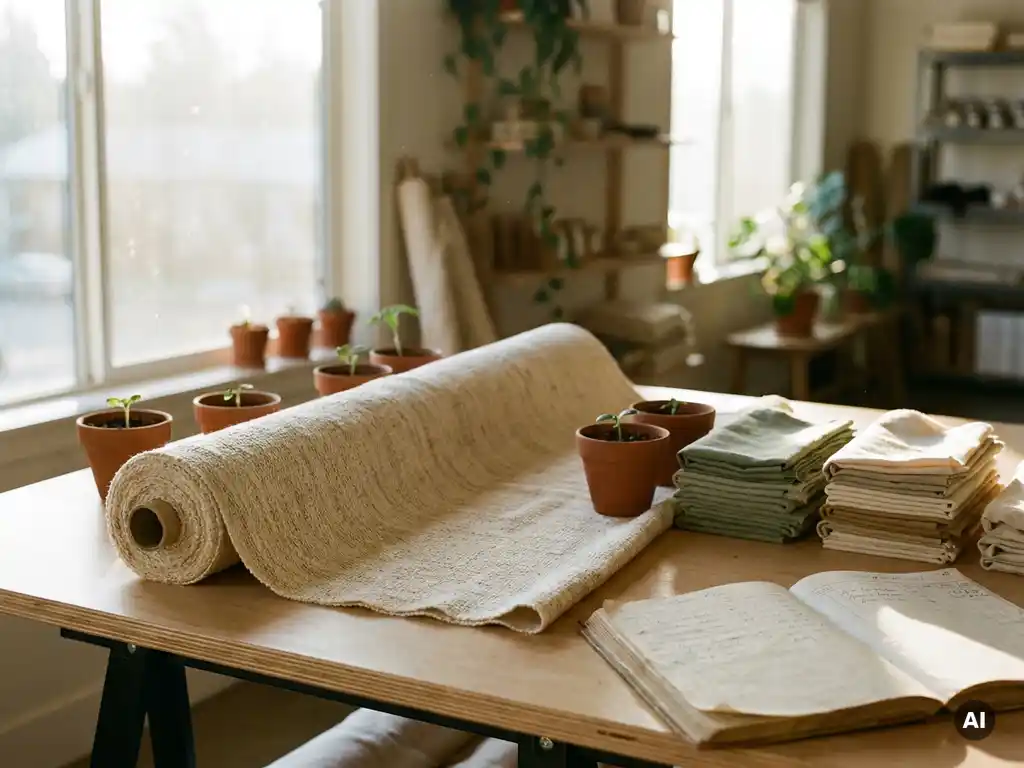Rolle aus Bio-Baumwollstoff auf hellem Arbeitsplatz mit grünen Setzlingen, Stoffmustern in Salbei und Elfenbein sowie einem Notizbuch.