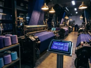 Industriewebmaschinen weben indigofarbenes Textil; ein Tablet zeigt Echtzeit-Produktionsdashboards in Blau- und Violetttönen.