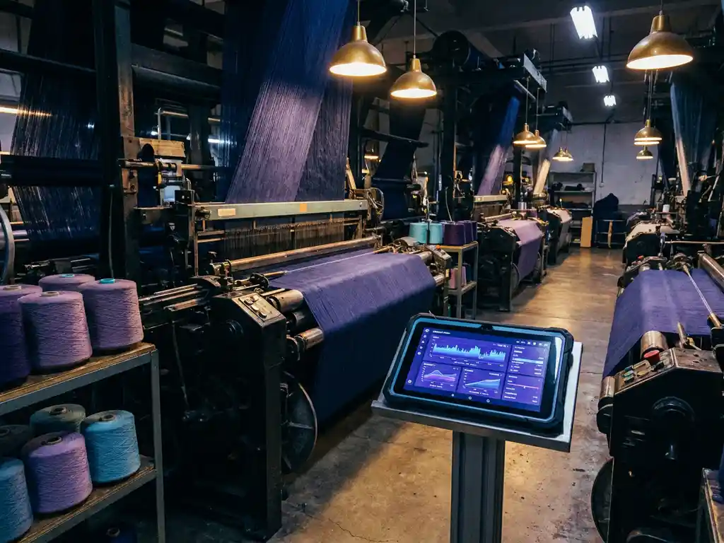 Industriewebmaschinen weben indigofarbenes Textil; ein Tablet zeigt Echtzeit-Produktionsdashboards in Blau- und Violetttönen.
