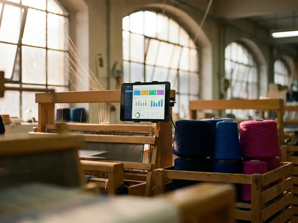 Tablet an einem Webstuhl zeigt Echtzeit-Produktionsdashboard, umgeben von Garnspulen in Marineblau, Elektricblau und Magenta in einer Textilfabrik.