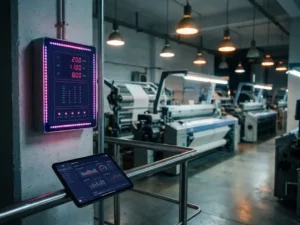 Leuchtendes Energiemessgerät an der Wand einer modernen Textilfabrik mit Webmaschinen und Daten-Tablet im Vordergrund.