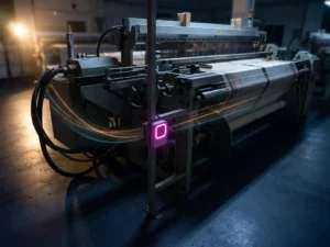 Industriewebmaschine in Betrieb mit magentafarbenem Energiemonitor-Sensor und digitalen Lichtspuren entlang der Kabel in dunkler Fabrikhalle.