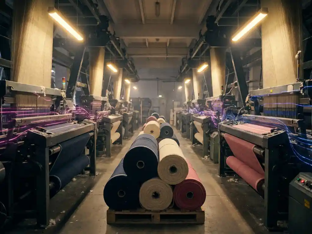 Industrielle Webstühle in moderner Textilfabrik mit magenta und blau leuchtenden Energieverbrauchsdaten entlang der Maschinen.