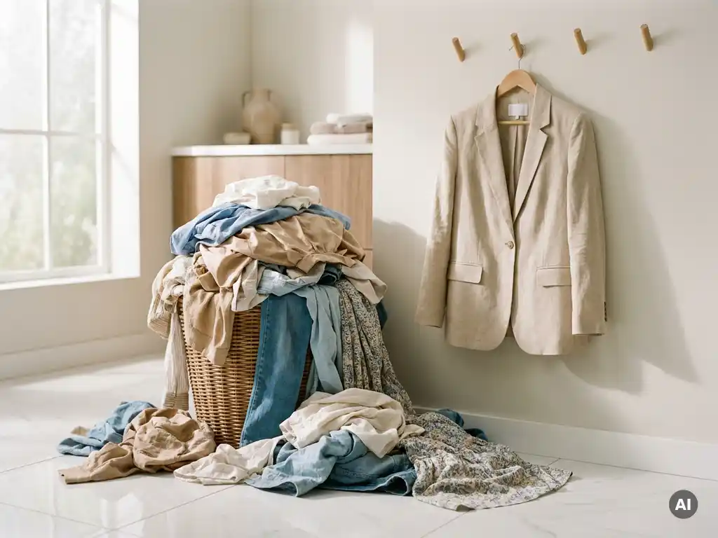 An overflowing pile of fast-fashion clothes on a white floor, contrasted by a single linen jacket hanging on the wall.
