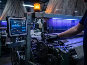 Techniker prüft industriellen Textilwebstuhl mit montiertem Tablet, das Echtzeit-Sensordaten anzeigt, in blau-bernsteinfarbenem Licht.