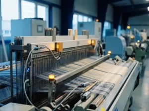 Industriewebmaschine in Betrieb mit Präzisionssensoren und Datenerfassungssonden über feinen Gewebefäden in moderner Fabrikhalle.