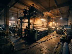 Industrieller Webstuhl in Textilfabrik mit Wärmedunst, Stromkabeln auf Betonboden und warmem Bernsteinlicht über Stoffrollen.