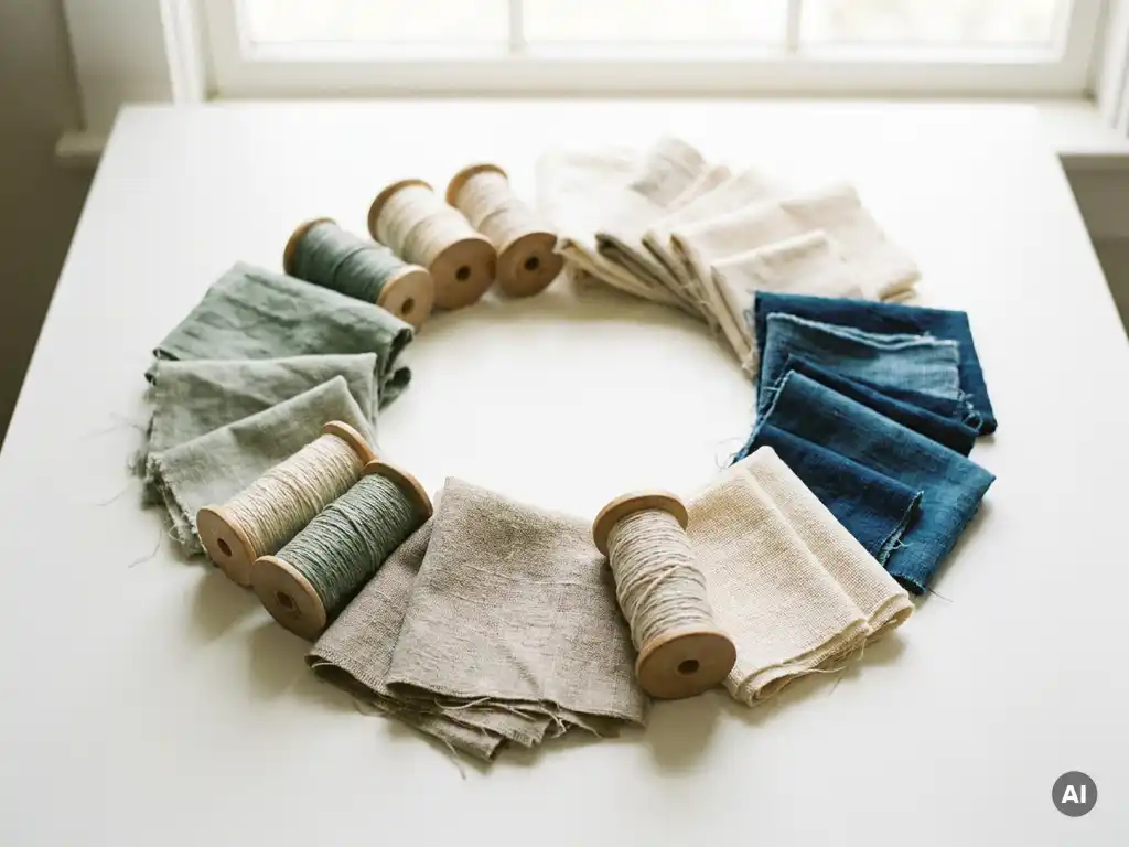 Fabric swatches, spools of thread, and folded fabric scraps arranged in a circle in sage green, cream, and indigo symbolize a closed-loop material cycle.