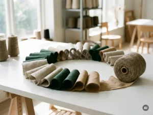 Fabric swatches in linen, forest green, and sand arranged in a circle next to a spool of recycled yarn on a white workbench.