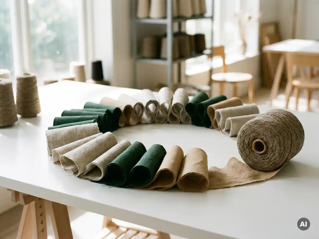 Fabric swatches in linen, forest green, and sand arranged in a circle next to a spool of recycled yarn on a white workbench.