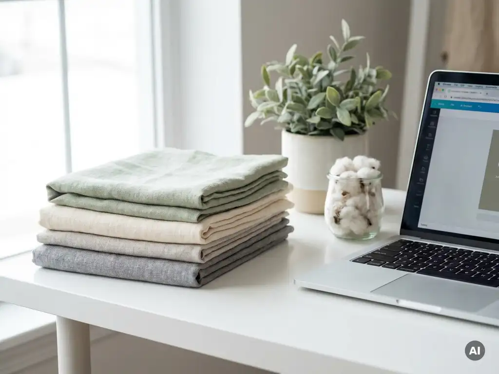 Folded stacks of linen and organic cotton next to a laptop, a glass jar containing raw cotton and green leaves on a light-colored desk.