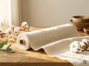 A piece of natural linen fabric unrolls on a wooden table, surrounded by raw cotton, dried plant stems, and a green leaf in the morning light.