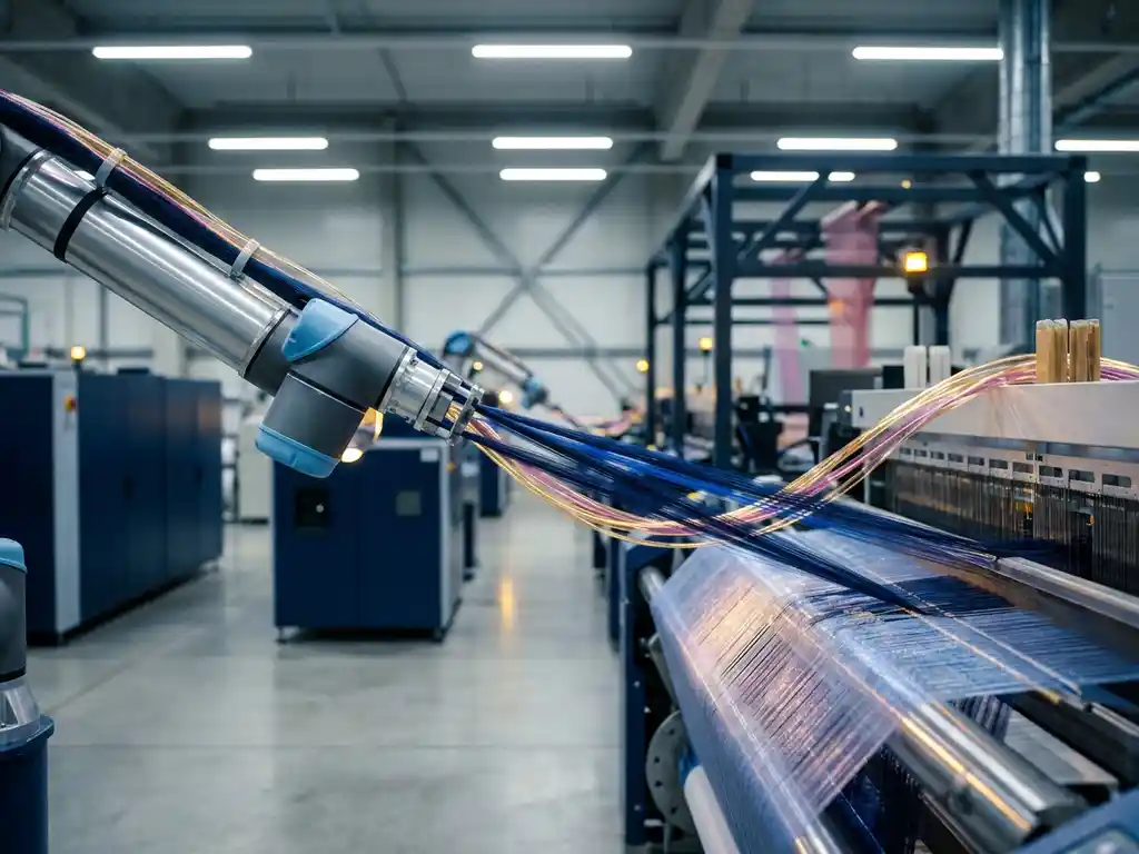 Roboterwebarm webt leuchtende Fäden aus Marineblau und Elektrikblau auf moderner Industrietextilmaschine mit goldenen Datenstrom-Visualisierungen.