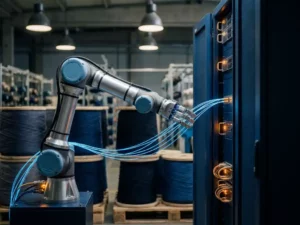 Roboterarm führt Glasfaserkabel in einen dunkelblauen Serverrack in einer modernen Fertigungshalle mit Garnspulen im Hintergrund.