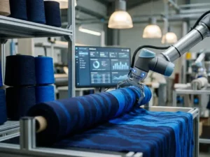 Roboterarm greift präzise bunte Stoffrollen in moderner Textilfabrik, Garnspulen in Marineblau und Kobalt, Produktions-Dashboard im Hintergrund.