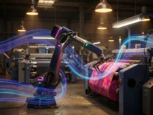 Roboterarm greift präzise bunte Stoffballen in moderner Textilfabrik, umgeben von leuchtenden Datenstrom-Lichtspuren in Blau, Violett und Cyan.