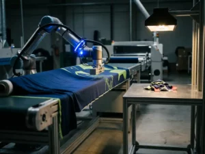 Roboterarm scannt Stoffbahn auf industrieller Textilproduktionslinie, abgelehntes Muster unter Prüfscheinwerfer in Marineblau und Limettengrün.