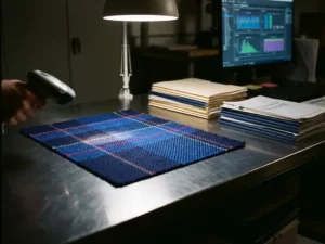 Präzise zugeschnittener Stoffmuster wird auf einem Industrie-Inspektionstisch gescannt, umgeben von Textilbestelldokumenten und Daten-Dashboard auf Monitor.