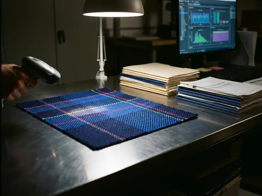 A precisely cut fabric sample is scanned on an industrial inspection table, surrounded by textile order documents and a data dashboard on a monitor.