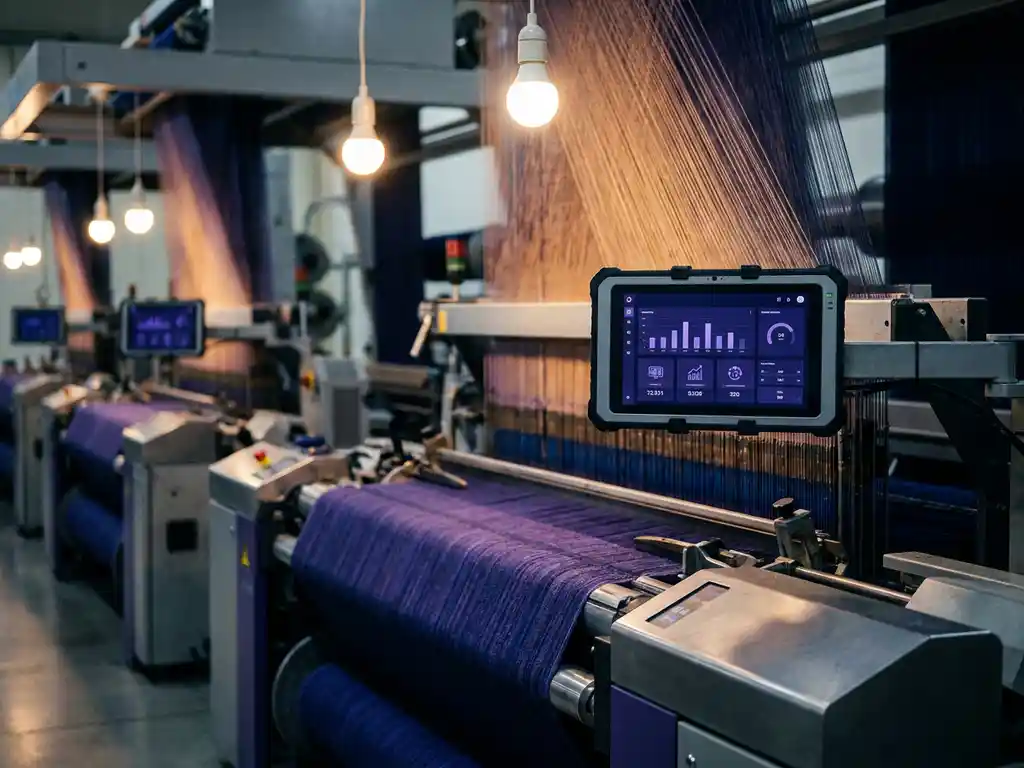 Automatisierte Webstühle in moderner Textilfabrik weben blau-violetten Stoff, Industrie-Tablet zeigt Echtzeit-Produktionsdaten.