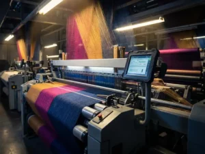 Automatisierter Webstuhl verarbeitet Stoffe in Indigo, Magenta und Bernstein; Industrie-Tablet zeigt Echtzeit-Produktionsdaten in Textilfabrik.