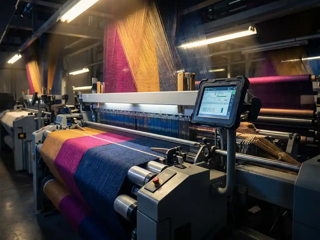 Automatisierter Webstuhl verarbeitet Stoffe in Indigo, Magenta und Bernstein; Industrie-Tablet zeigt Echtzeit-Produktionsdaten in Textilfabrik.