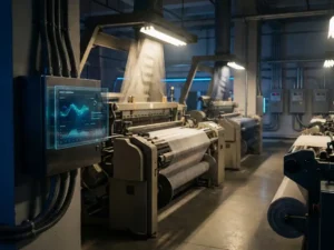 Textilfabrik mit industriellen Webstühlen und blau leuchtendem Energiemonitor-Dashboard auf dem Steuerpanel, dramatische Beleuchtung.
