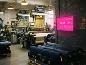 Kleine Textilfabrik mit industriellen Webstühlen, pinkem Energiemonitoring-Display an der Wand und gestapelten Stoffrollen in Marineblau und Grau.