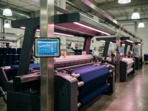 Industriewebmaschinen weben marineblaues Textil; ein Tablet-Dashboard an einer Stahlsäule zeigt Energieverbrauchsdaten in Echtzeit.