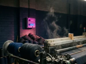 Industrieller Textilwebstuhl in Betrieb, beleuchtet von einem magentafarbenen Energiemessgerät an dunkelblauer Wand, mit Garnspulen im Vordergrund.