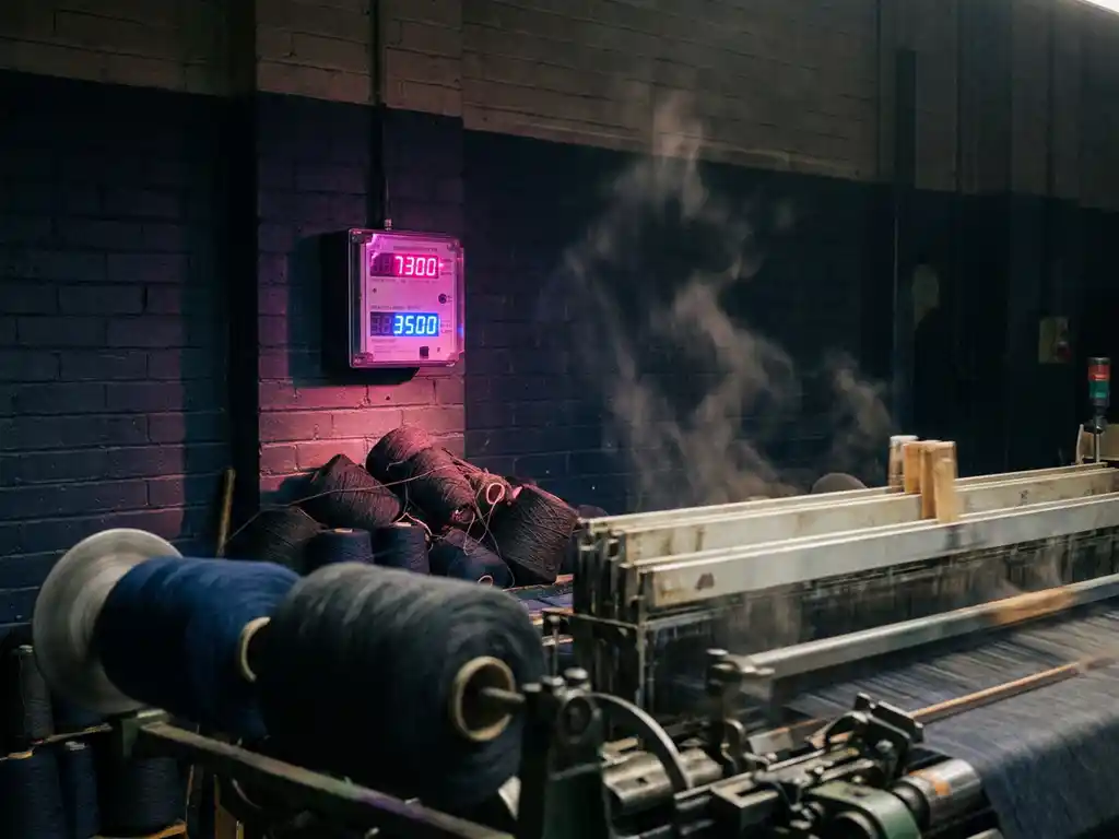 Industrieller Textilwebstuhl in Betrieb, beleuchtet von einem magentafarbenen Energiemessgerät an dunkelblauer Wand, mit Garnspulen im Vordergrund.