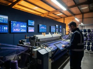 Techniker an industriellem Webstuhl in moderner Textilfabrik mit Energiemonitoren, blauen und violetten Garnspulen, dramatischer Fabrikbeleuchtung.