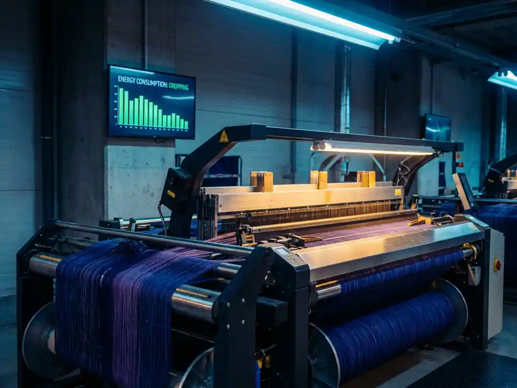 Industriewebmaschine in moderner Textilfabrik mit Energiemessgerät an der Wand und blauen Garnspulen im Vordergrund.