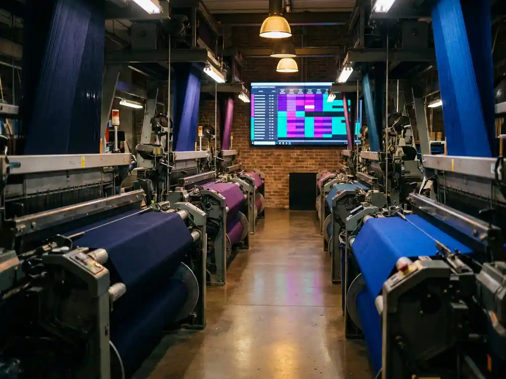 Industrielle Webmaschinen produzieren marineblauem Stoff, digitales Planungsboard mit farbcodierten Produktionsplänen an Fabrikwand.