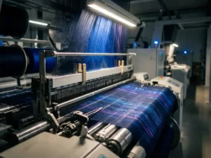 Hochpräziser Webstuhl verwebt marine- und kobaltblaue Fäden mit leuchtenden Datenströmen im modernen Textilwerk.