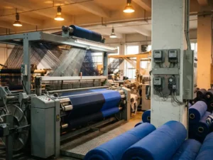 Industriewebmaschine in Betrieb mit Stromzählern an Betonpfeiler, marine-blaue Stoffrollen und Stahlmaschinen im Fabrikhallenlicht.