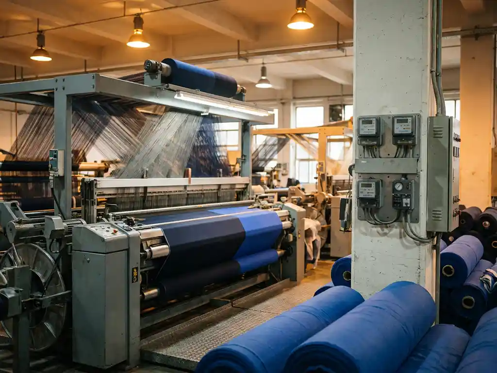 Industriewebmaschine in Betrieb mit Stromzählern an Betonpfeiler, marine-blaue Stoffrollen und Stahlmaschinen im Fabrikhallenlicht.