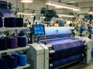 Industriewebstuhl webt blau-violettes Textil; montiertes Tablet zeigt Echtzeit-Produktionsanalytik, Garnspulen in Navy und Violett im Vordergrund.