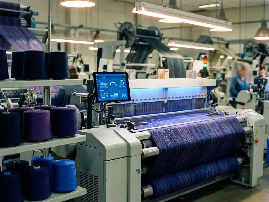 Industriewebstuhl webt blau-violettes Textil; montiertes Tablet zeigt Echtzeit-Produktionsanalytik, Garnspulen in Navy und Violett im Vordergrund.
