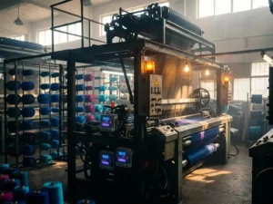 Industrielle Webmaschine in Textilfabrik mit leuchtenden Energieanzeigen, Garnspulen und dramatischen Bernstein-Warmlichtschatten auf Stahlrahmen.